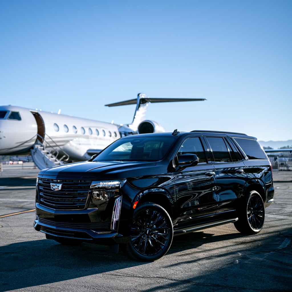 Black Cadillac Escalade parked beside a private jet on the tarmac