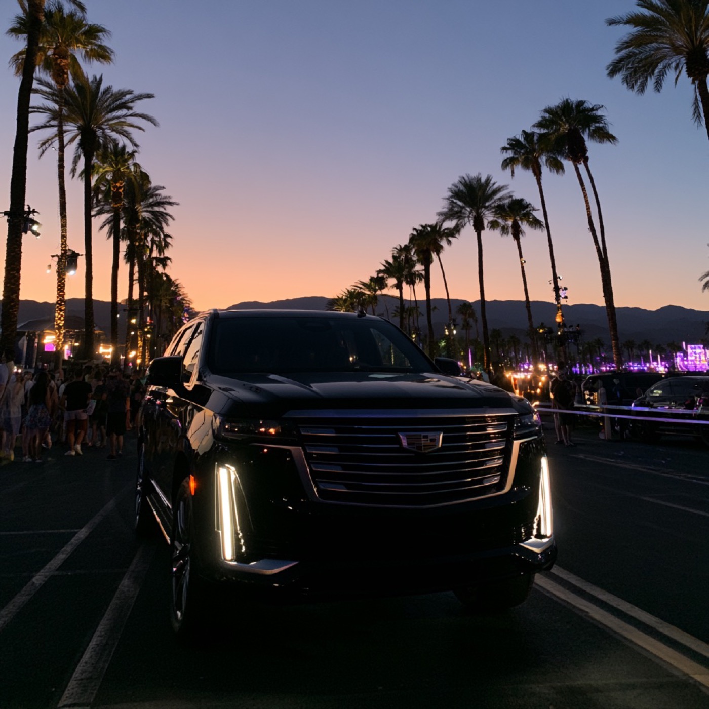 Black Cadillac Escalade at a festival entrance among palm trees at dusk