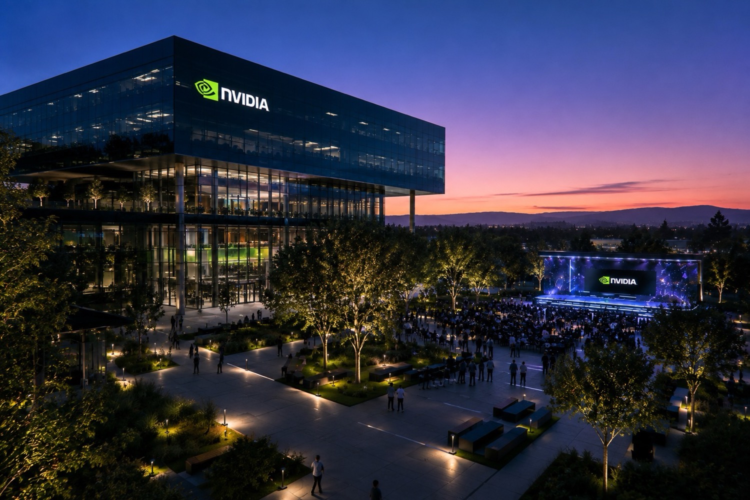 Evening keynote gathering on the NVIDIA campus at dusk
