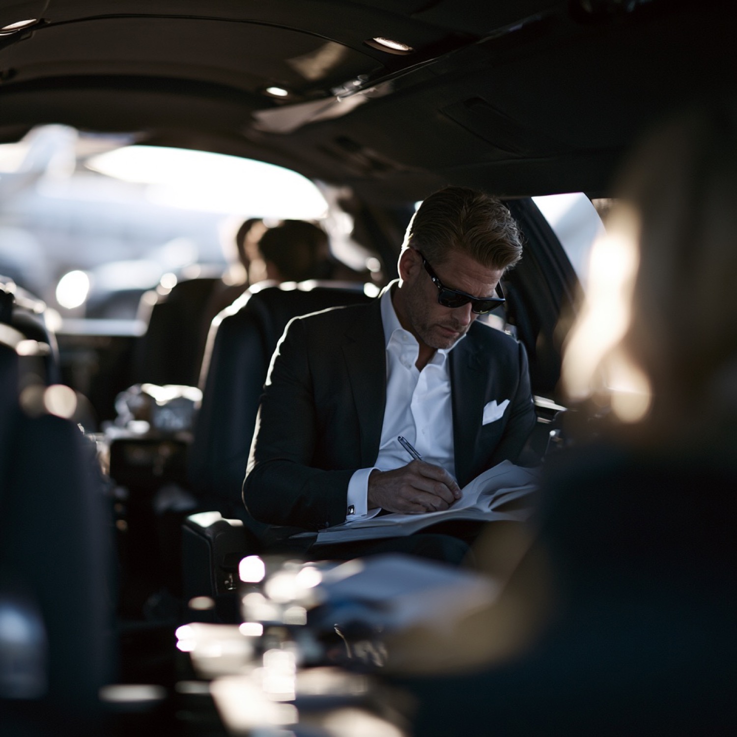 Executive reviewing documents in the back of a chauffeured vehicle