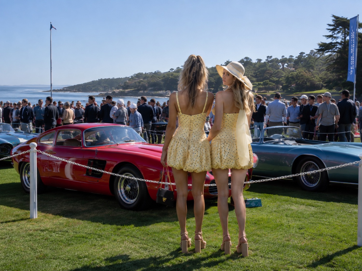 Guests admiring classic cars on the fairway at the Pebble Beach Concours by the coast