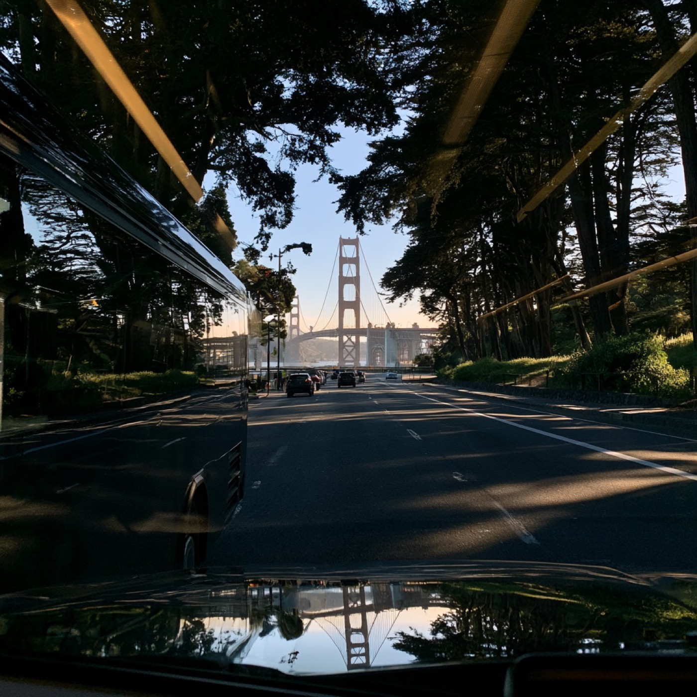 View of the Golden Gate Bridge from inside a chauffeured vehicle
