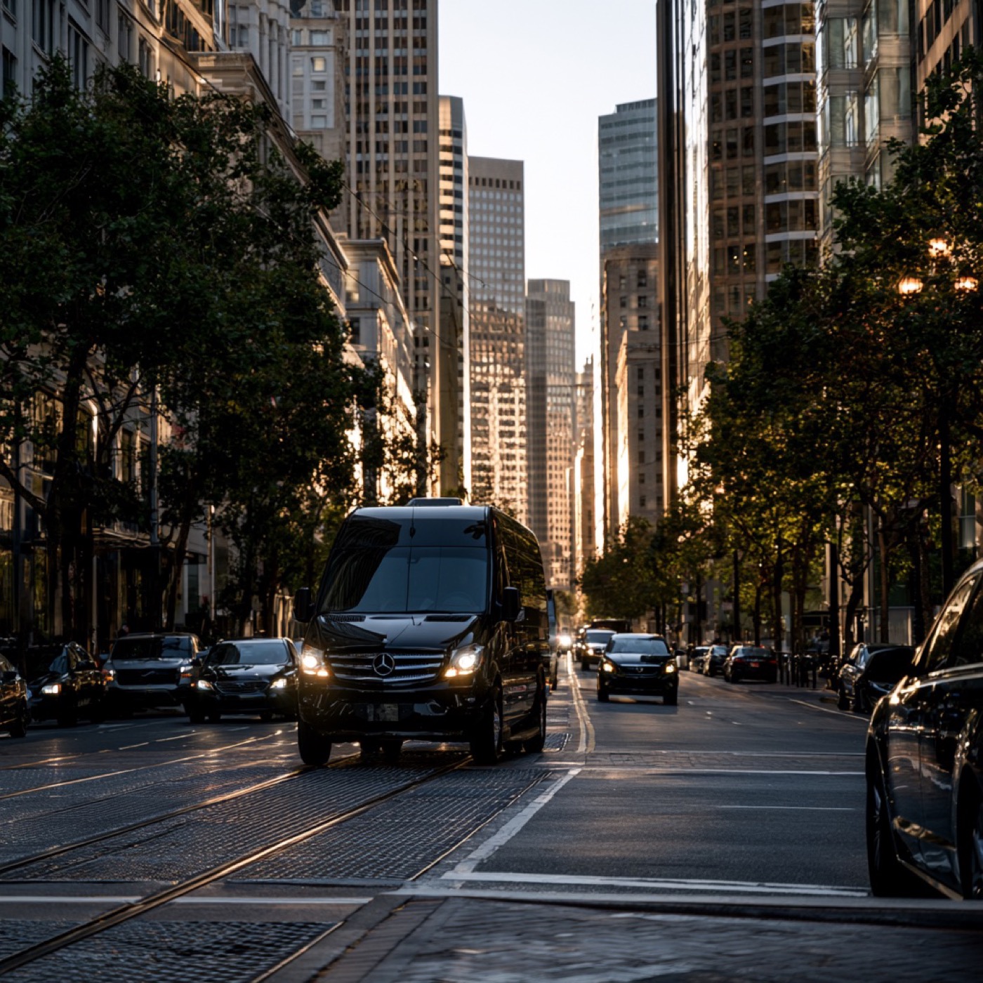 Black Mercedes-Benz Sprinter van driving down Market Street in San Francisco