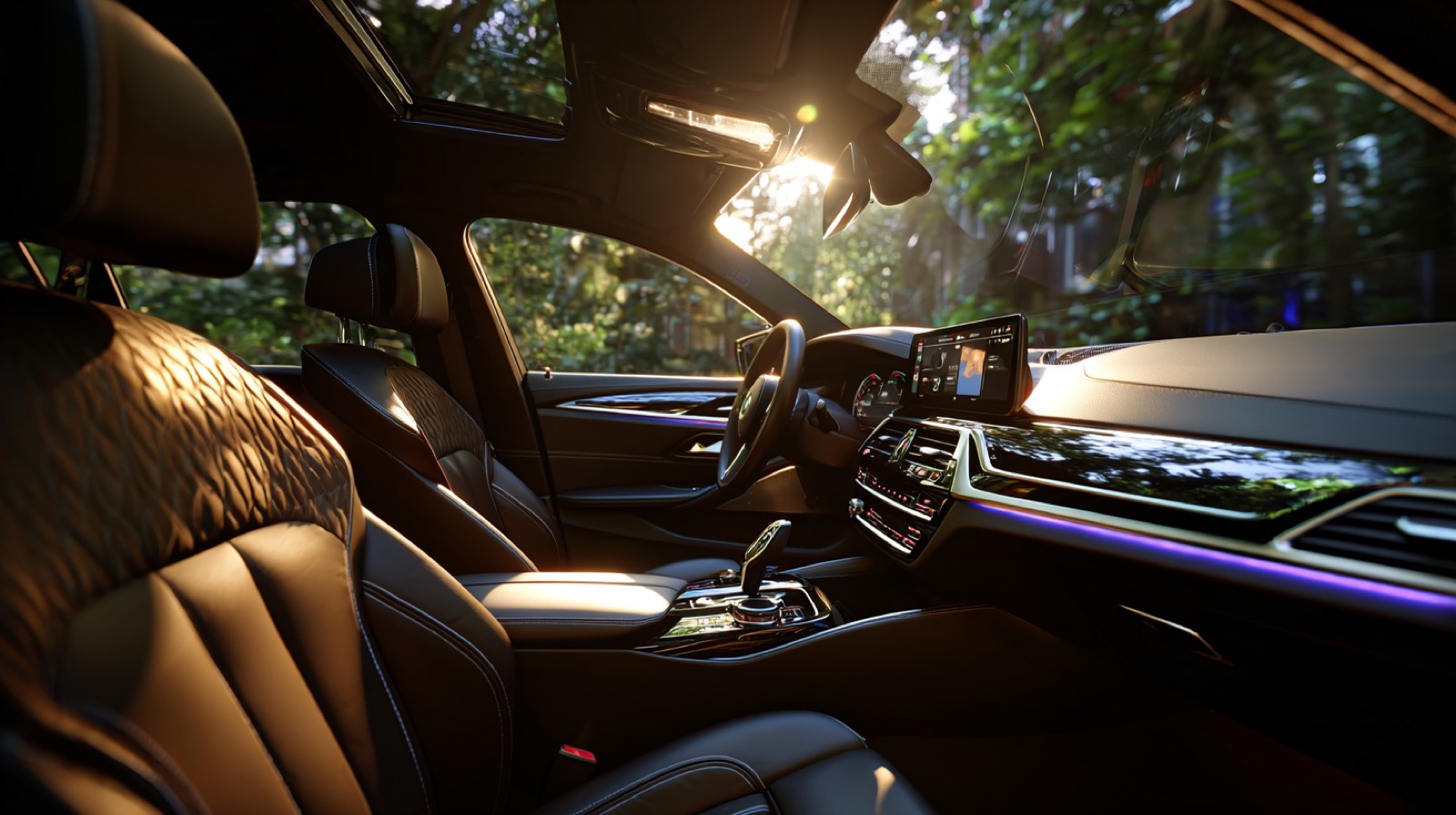 Sunlit interior of a luxury vehicle with quilted leather seats